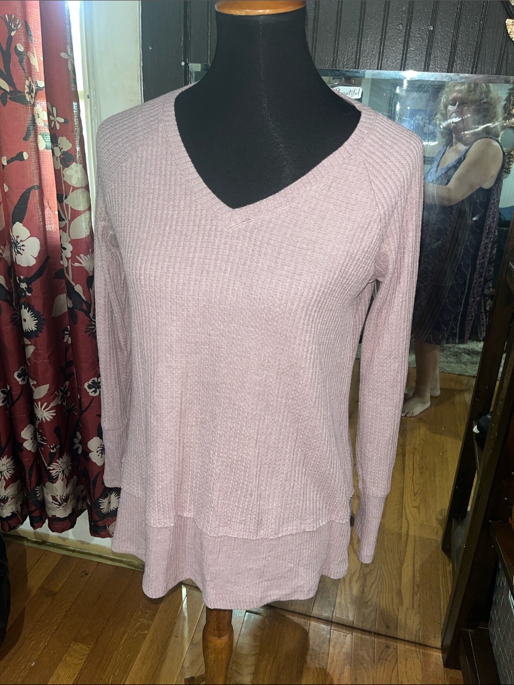 Joan Vass Dusty Rose V-Neck Layered Hem Sweater